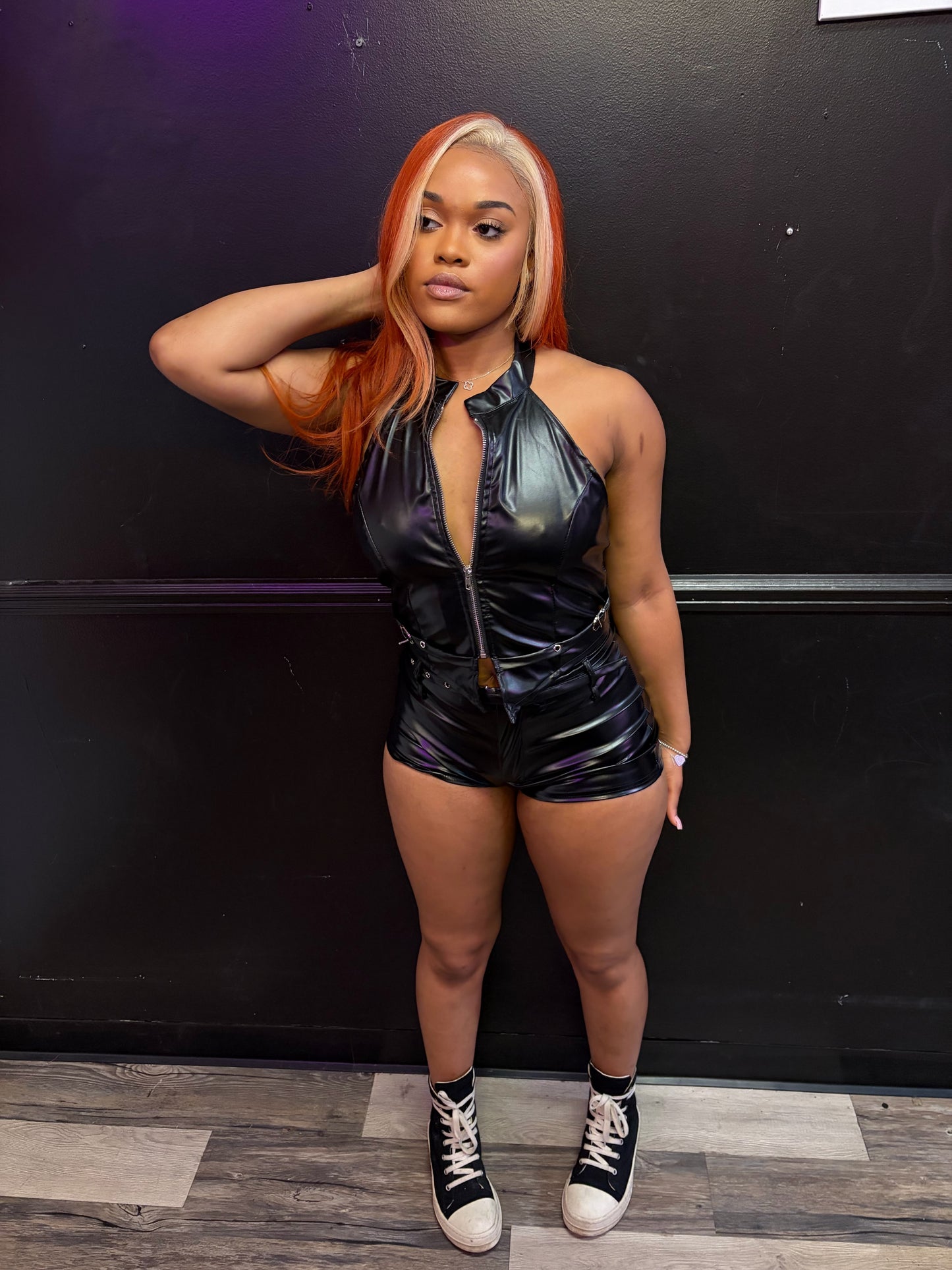 Black leather short set