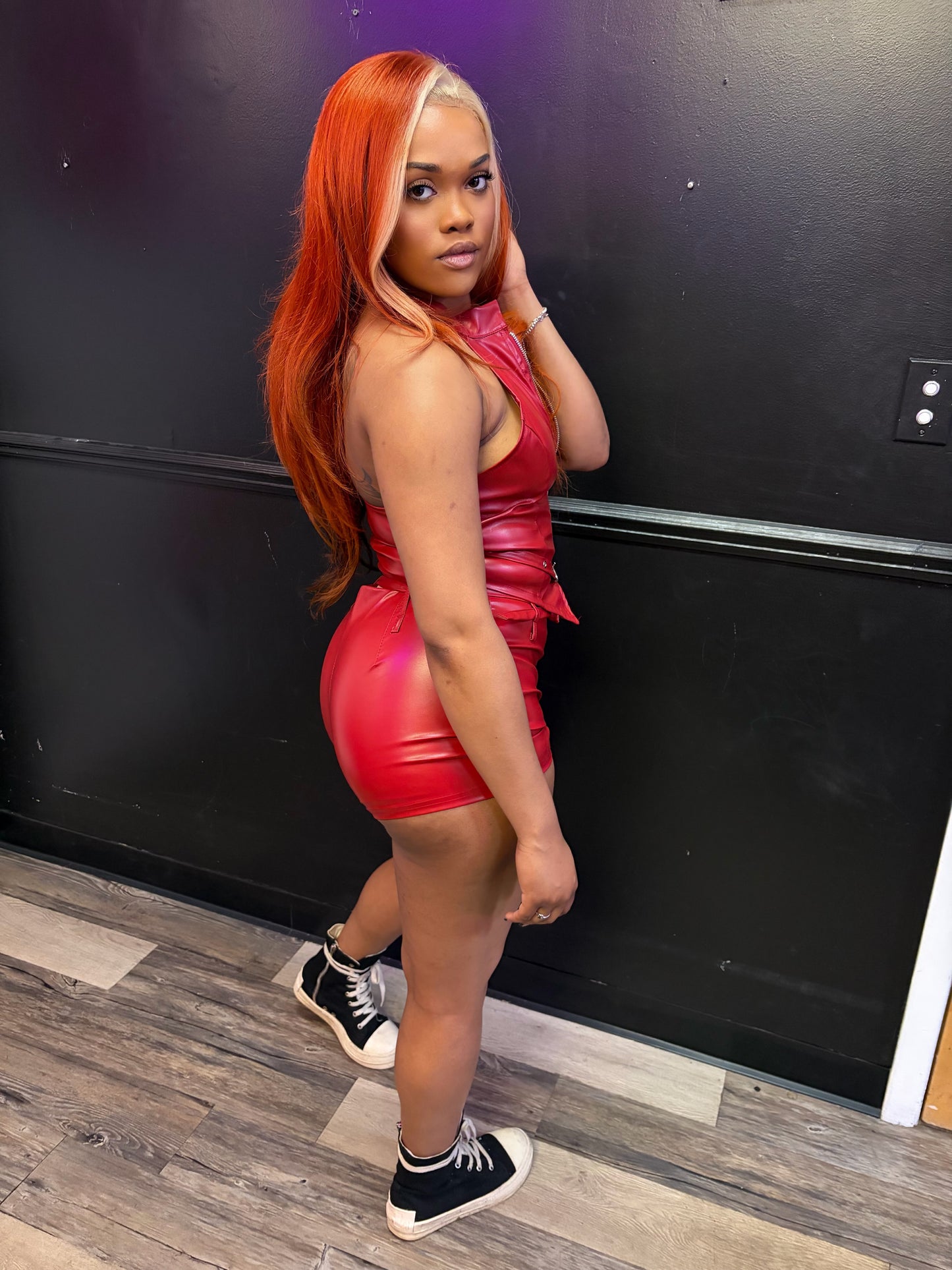 Red leather short set
