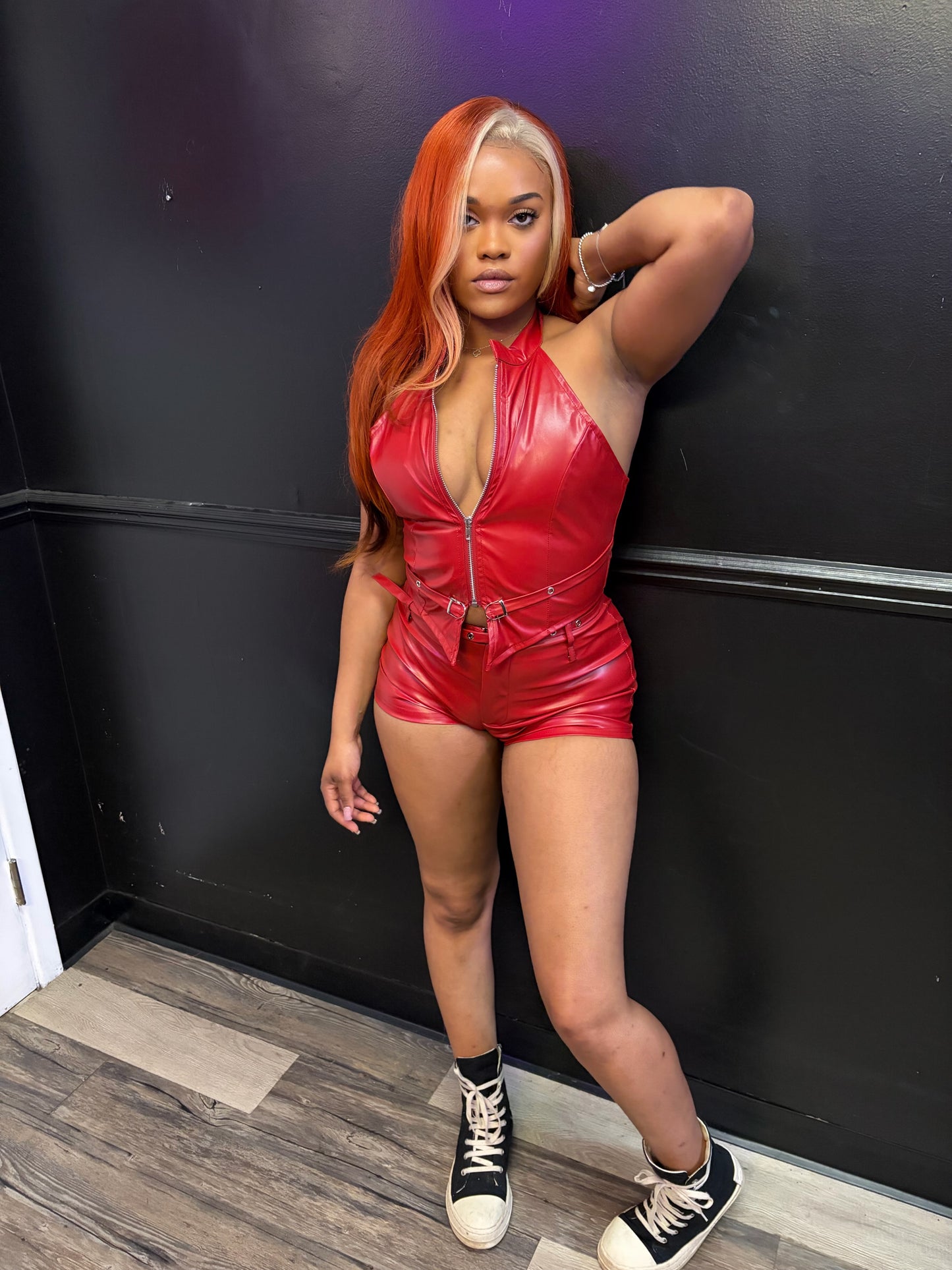 Red leather short set